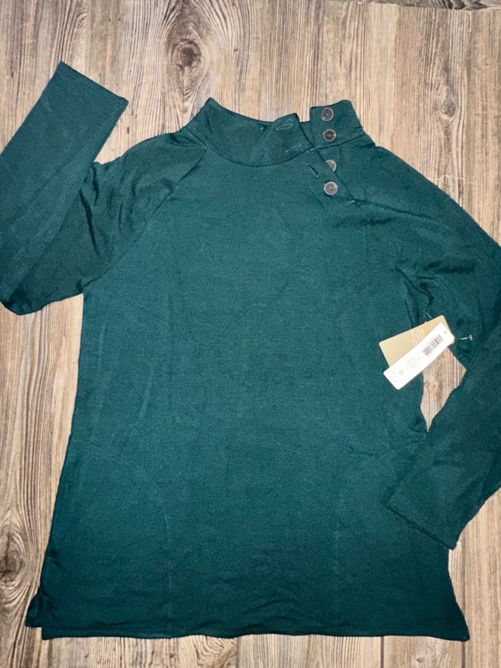 Chico’s Goddess Green/Teal Button-Mock Long Sleeve Top Soft Pockets Cozisoft